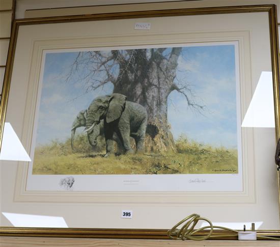 David Shepherd, limited edition print, Baobab and friends, 943/950, 50 x 63cm and a smaller print, tigers